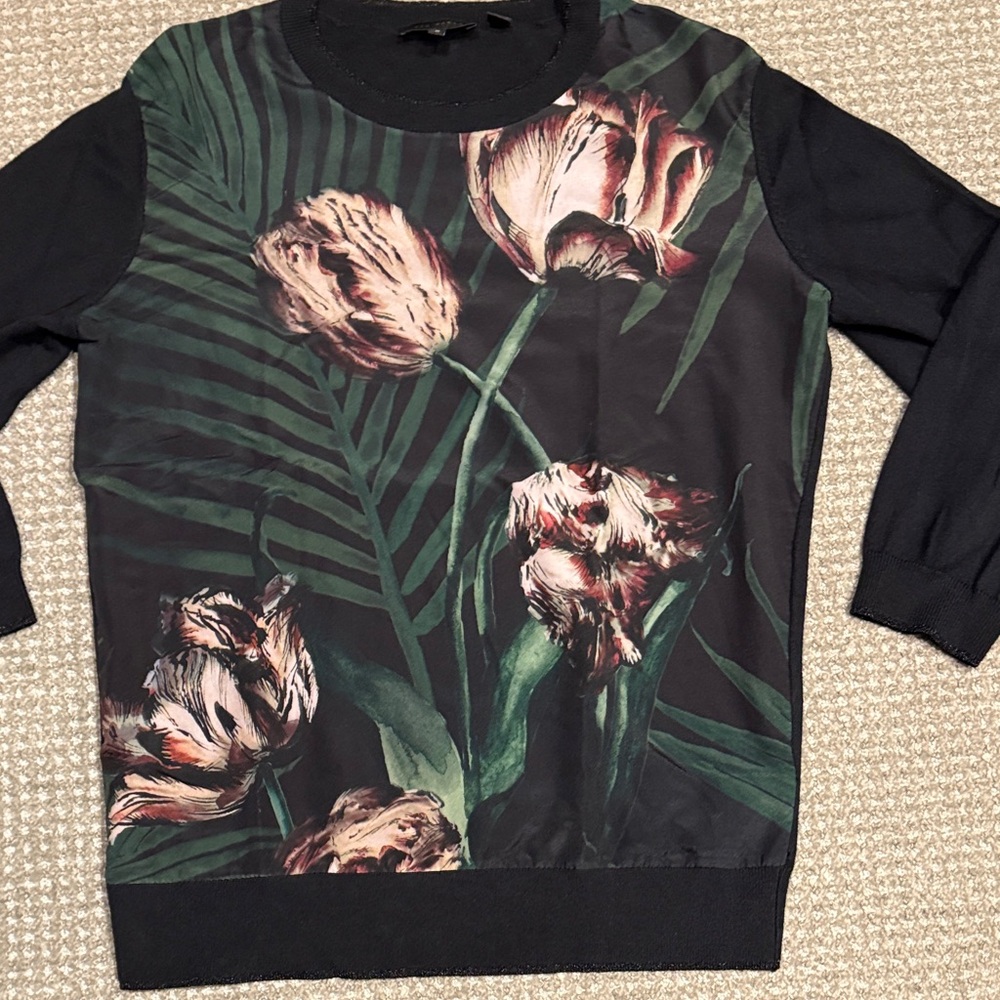 Ted Baker Black Floral Print Sweater - Green & Pink Tulip Design